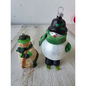 Irish snowman ornament glitter St Patrick's Day set skier skiing